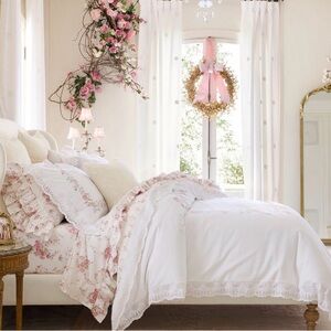 NWT Pottery Barn LoveShackFancy Pink Embroidered Rose Duvet Cover